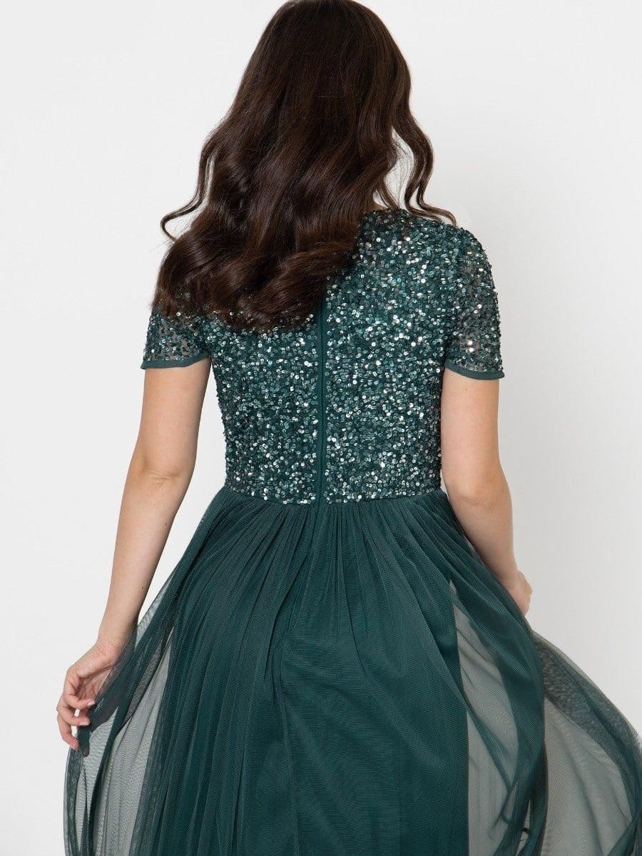 Maya Deluxe Maya Deluxe Women's Short Sleeve V Neck Embellished Maxi Dress in Emerald - 4