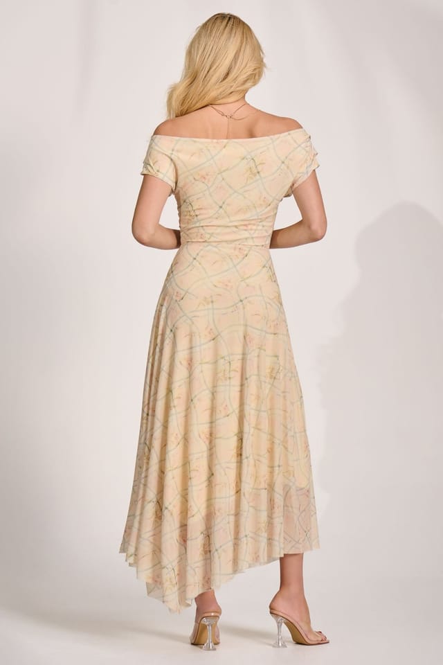 Jolie Moi Jolie Moi Women's Asymmetric Draped Mesh Maxi Dress in Yellow - 2
