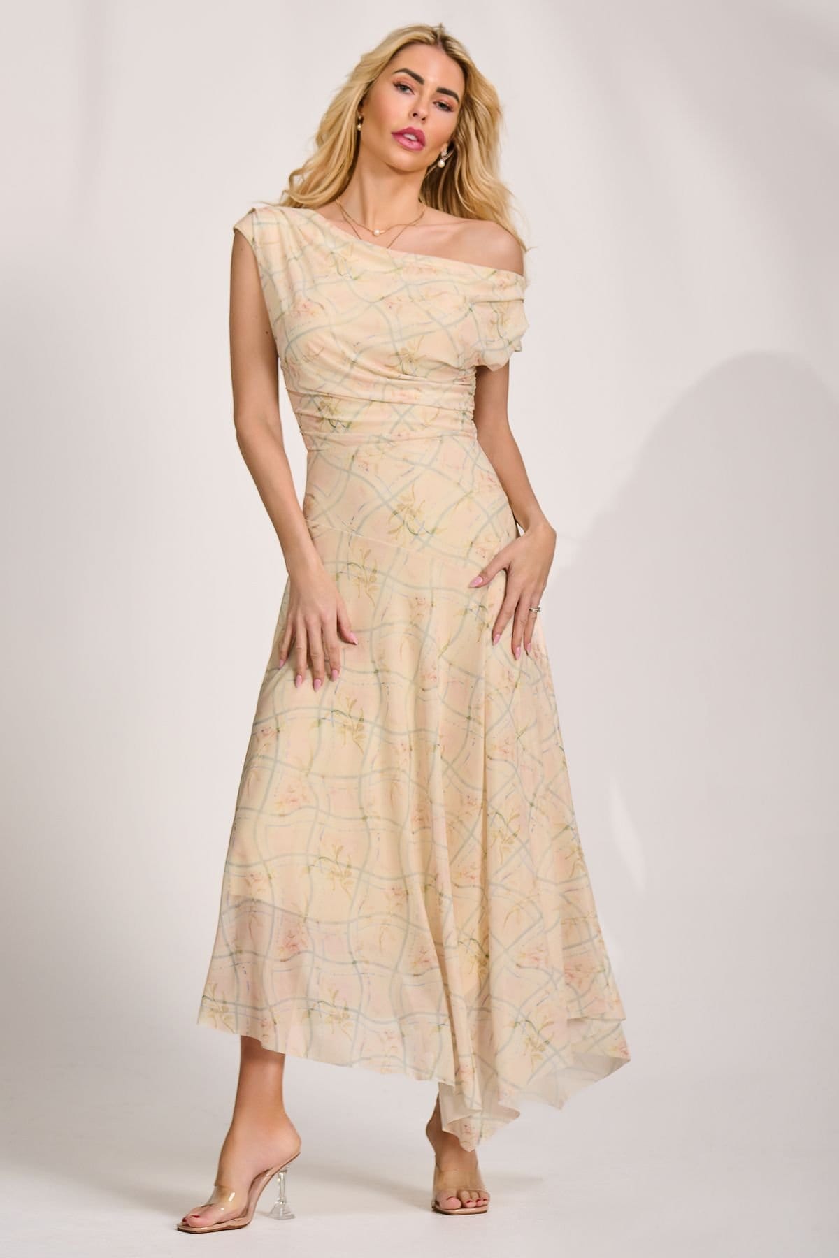 Jolie Moi Jolie Moi Women's Asymmetric Draped Mesh Maxi Dress in Yellow - 4