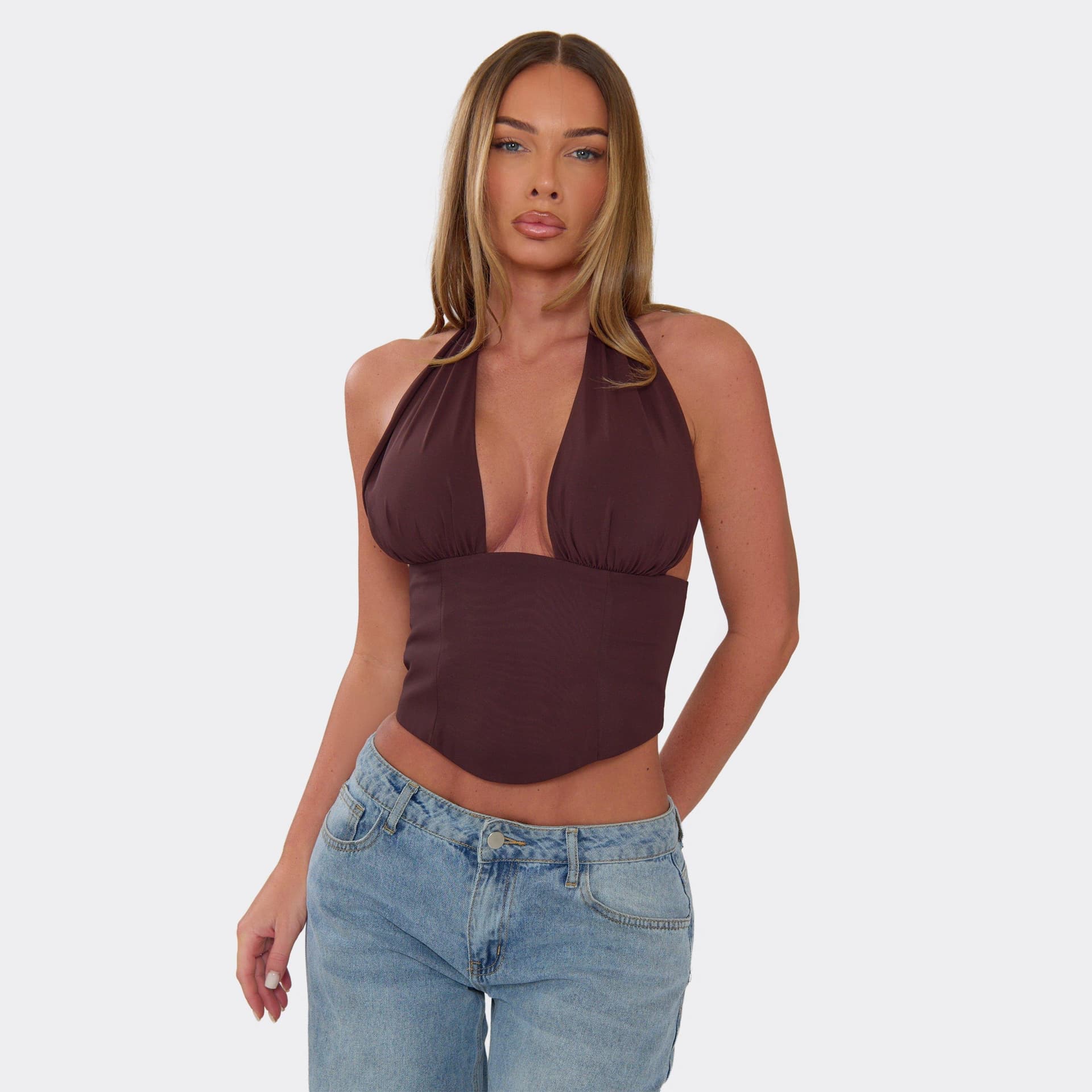 EGO Halterneck Lace Up Back Corset Top In Brown Chiffon, Women's Size UK 6