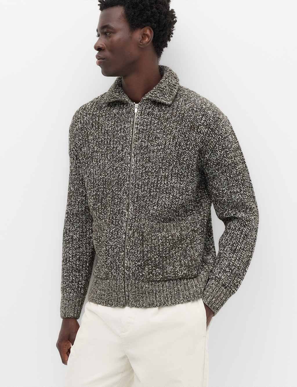 Marks & Spencer M&S Cotton Blend Zip Up Knitted Jacket Chocolate Mix