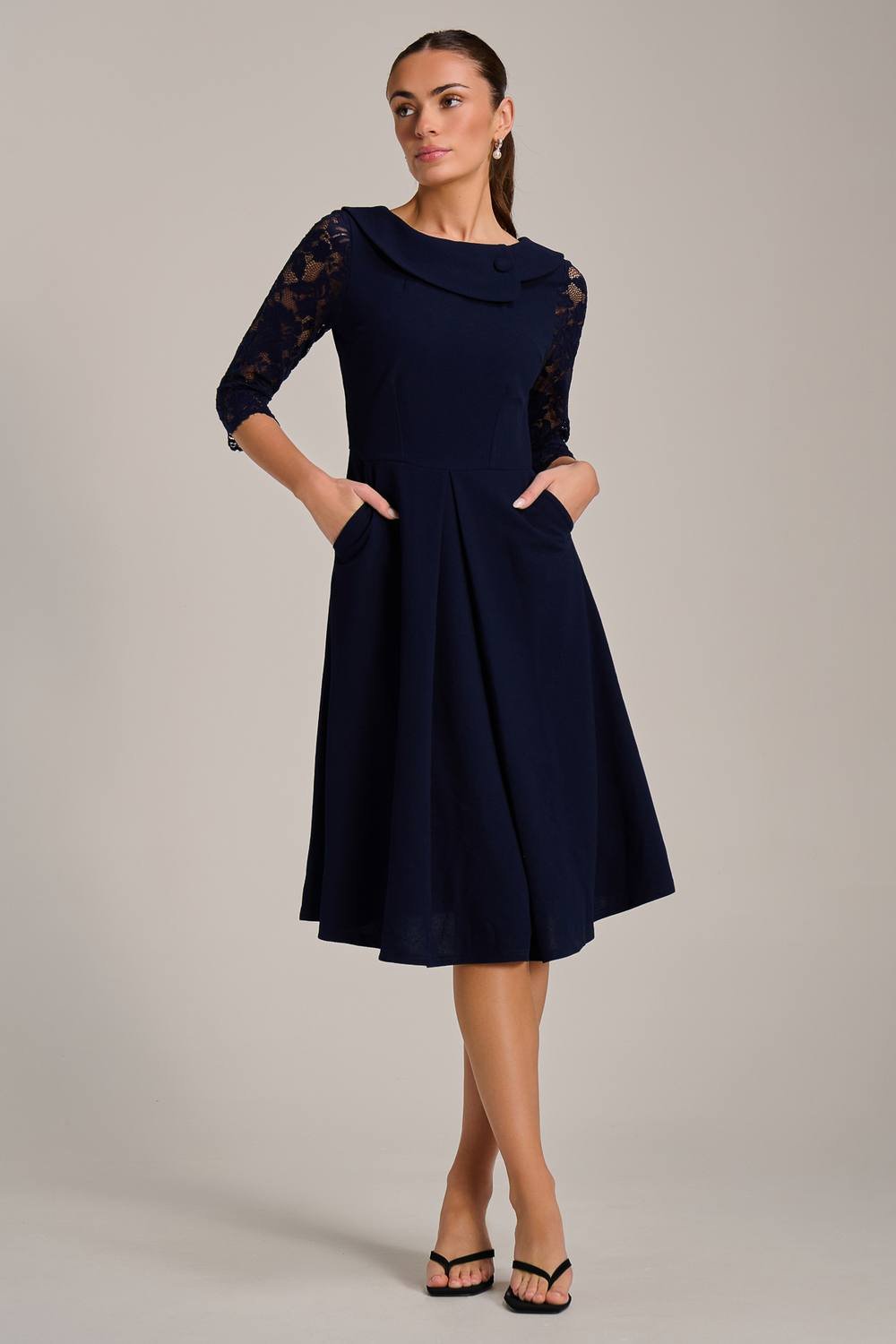 Jolie Moi Jolie Moi Women's Roll Neck Lace Sleeve Fit & Flare Midi Dress in Navy - 3