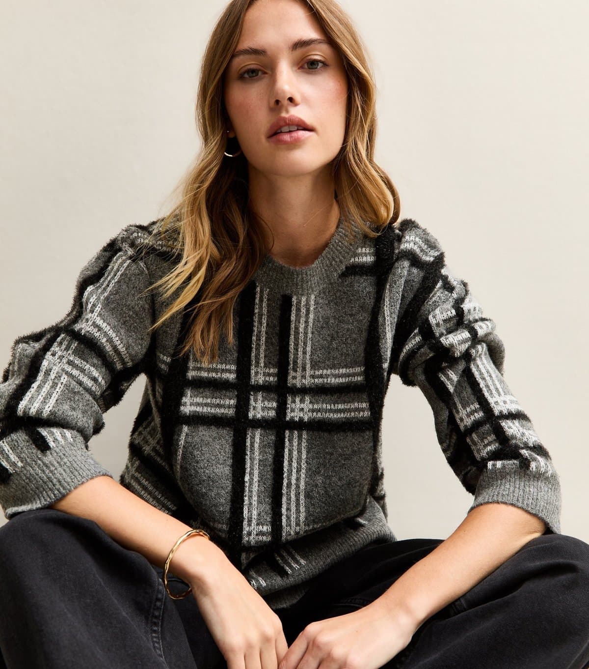 New Look Women's Grey Sparkle Check Knit Jumper New Look