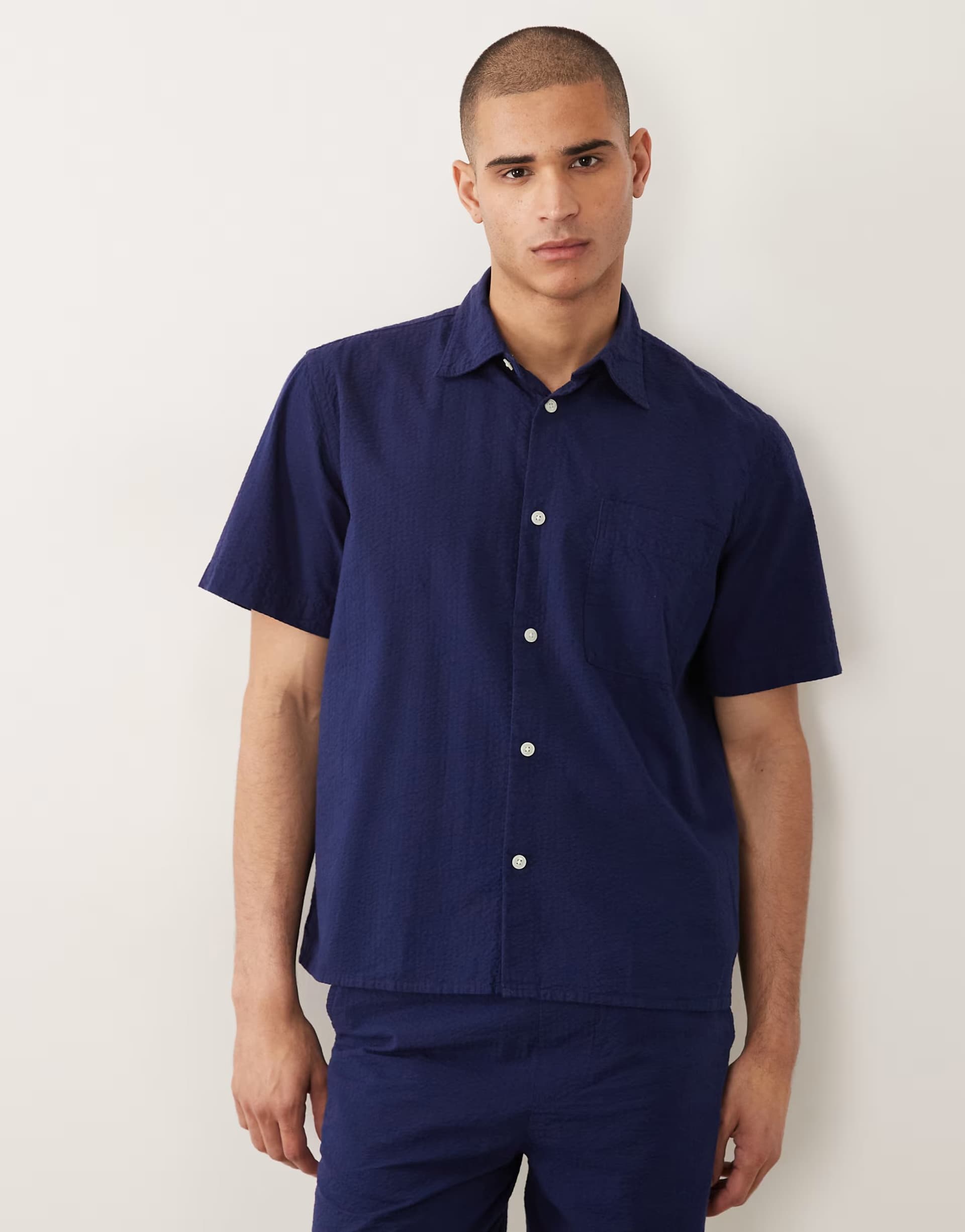 ASOS Selected co-ord seersucker short sleeve shirt in navy