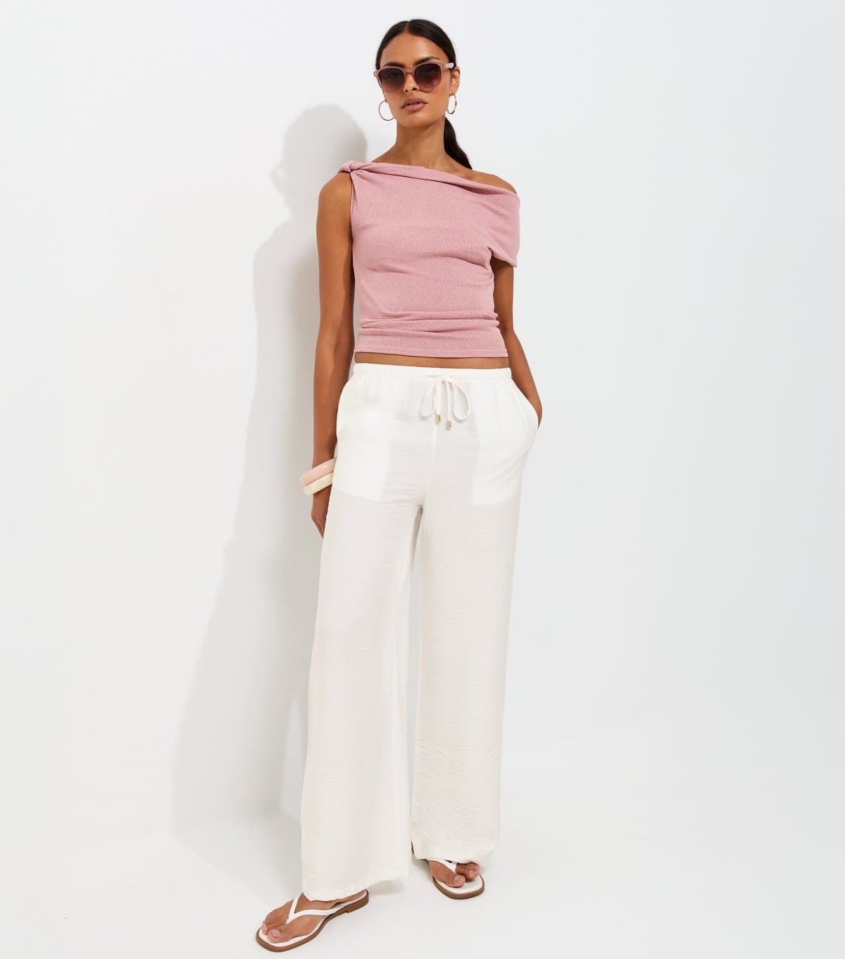 New Look Women's Cream Crinkle Texture Wide Leg Trousers New Look