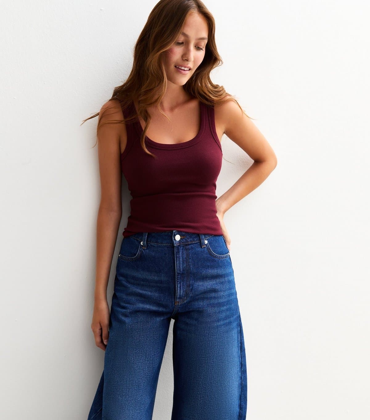 New Look Women's Dark Burgundy Wide Strap Scoop Neck Ribbed Vest New Look