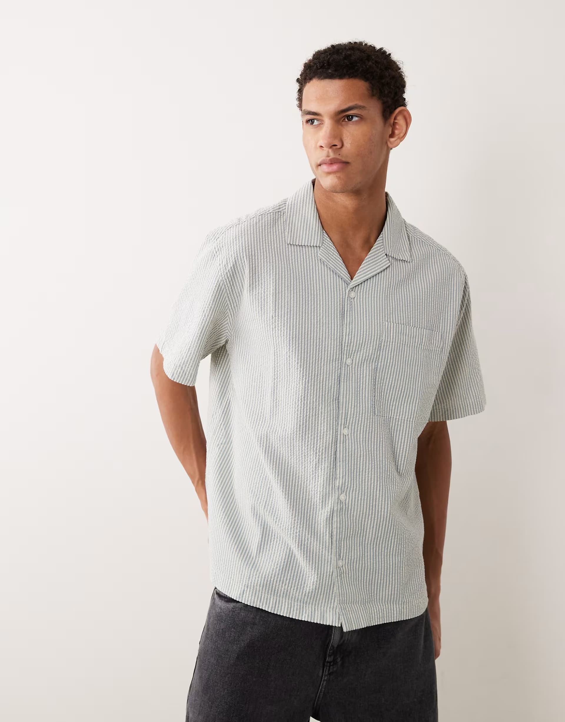 ASOS ASOS DESIGN relaxed revere seersucker stripe shirt in blue