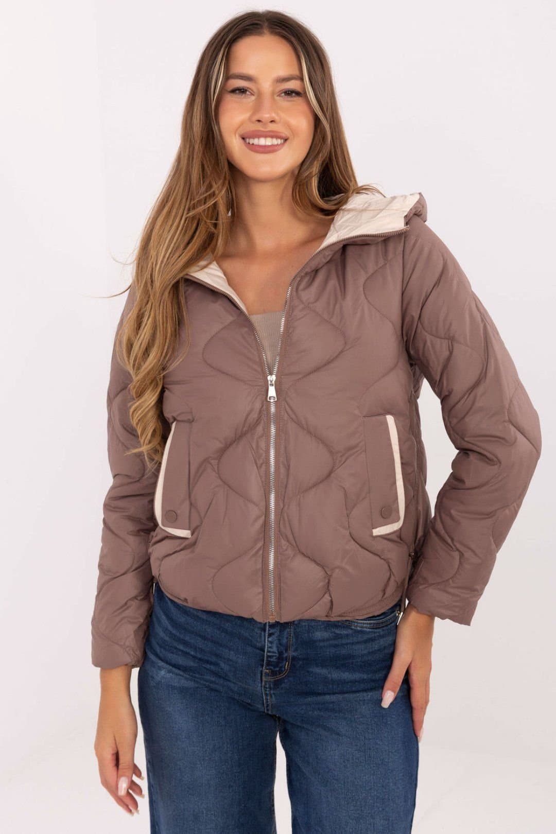 Love Lace Love Lace Women's Hooded Quilted Transitional Jacket with Pockets in Brown