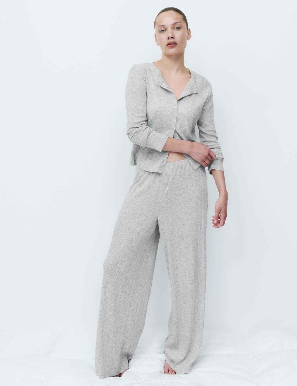 Marks & Spencer M&S Pointelle Wide Leg Lounge Bottoms Grey