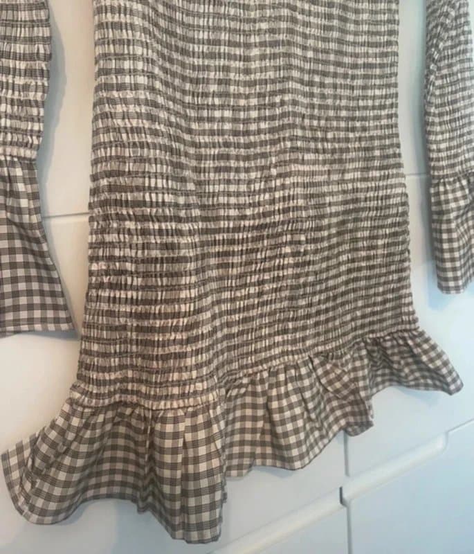 Glamorous Glamorous long sleeve shirred mini dress in beige check