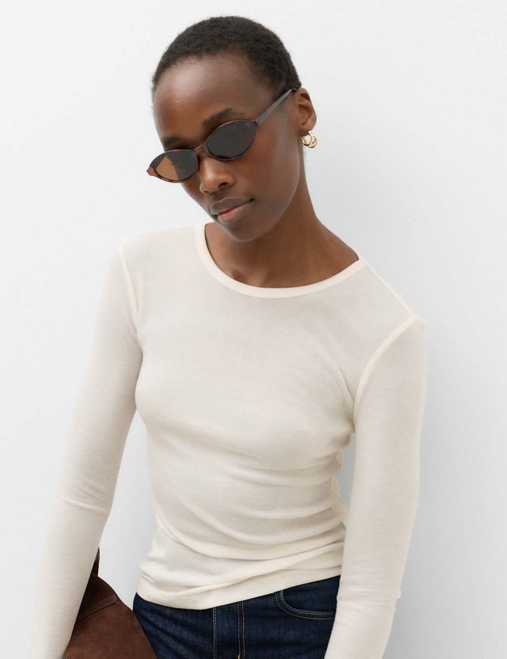 Marks & Spencer M&S Long Sleeve Crew Neck Top With Wool Vanilla
