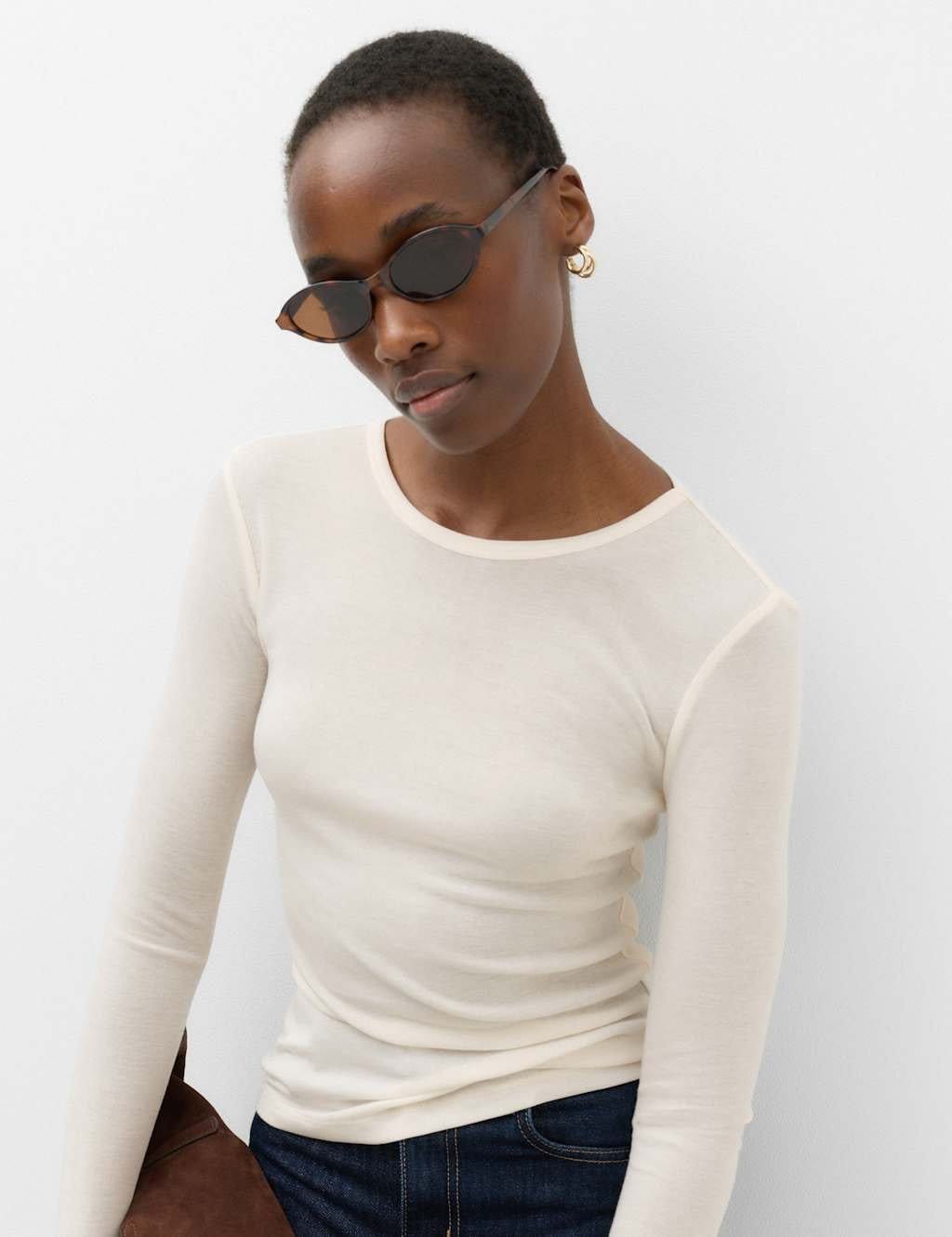 M&S Long Sleeve Crew Neck Top With Wool Vanilla