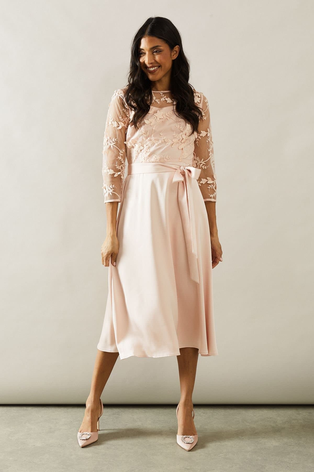 Wallis Wallis Women's Occasion Satin & Mesh Overlay Fit & Flare Dress in Blush