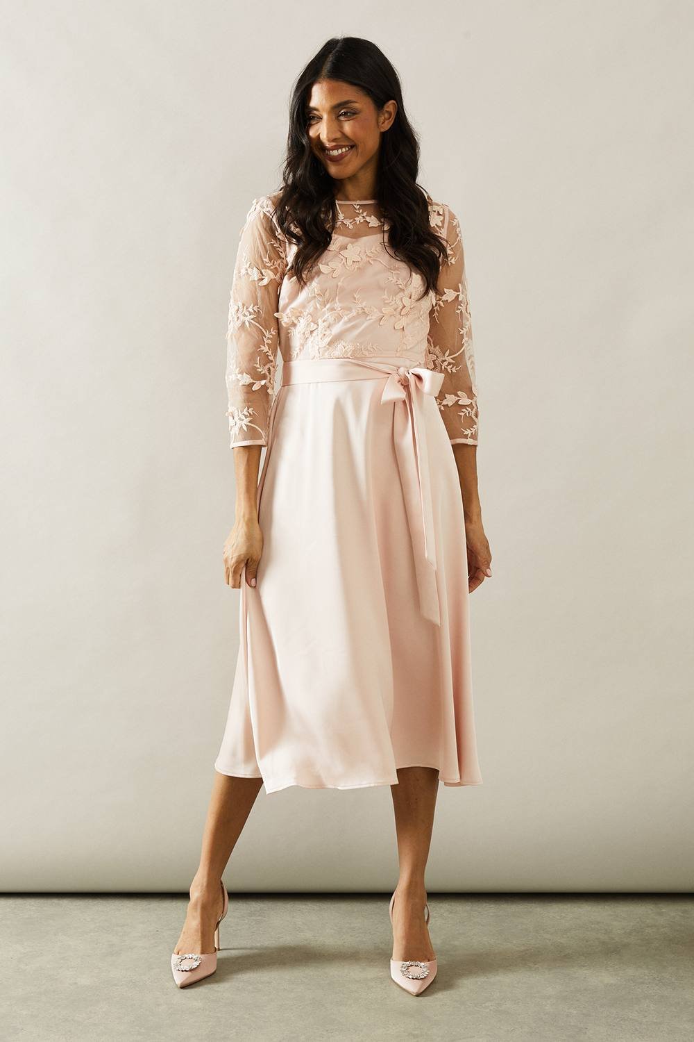 Wallis Wallis Women's Occasion Satin & Mesh Overlay Fit & Flare Dress in Blush - 2