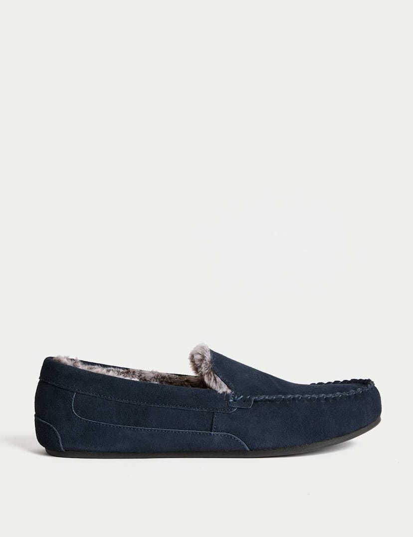 Marks & Spencer M&S Suede Fleece Lined Moccasin Slippers Navy - 1