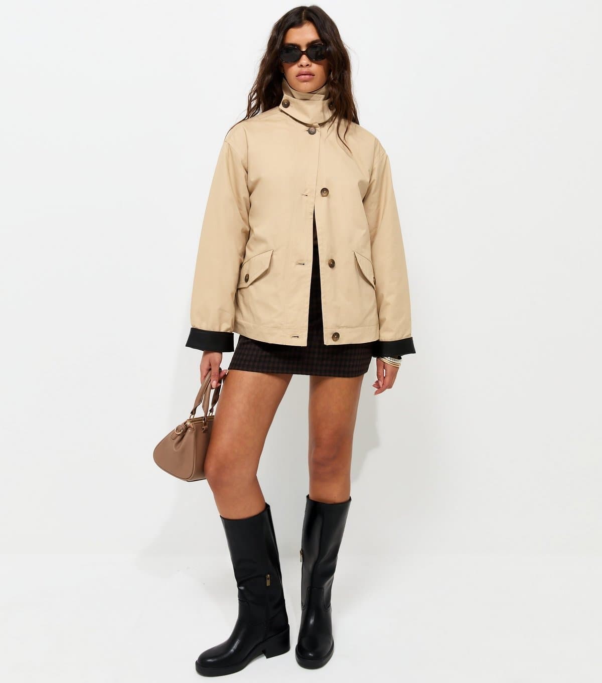 New Look Women's Stone Contrast Trim Funnel Neck Barn Jacket New Look