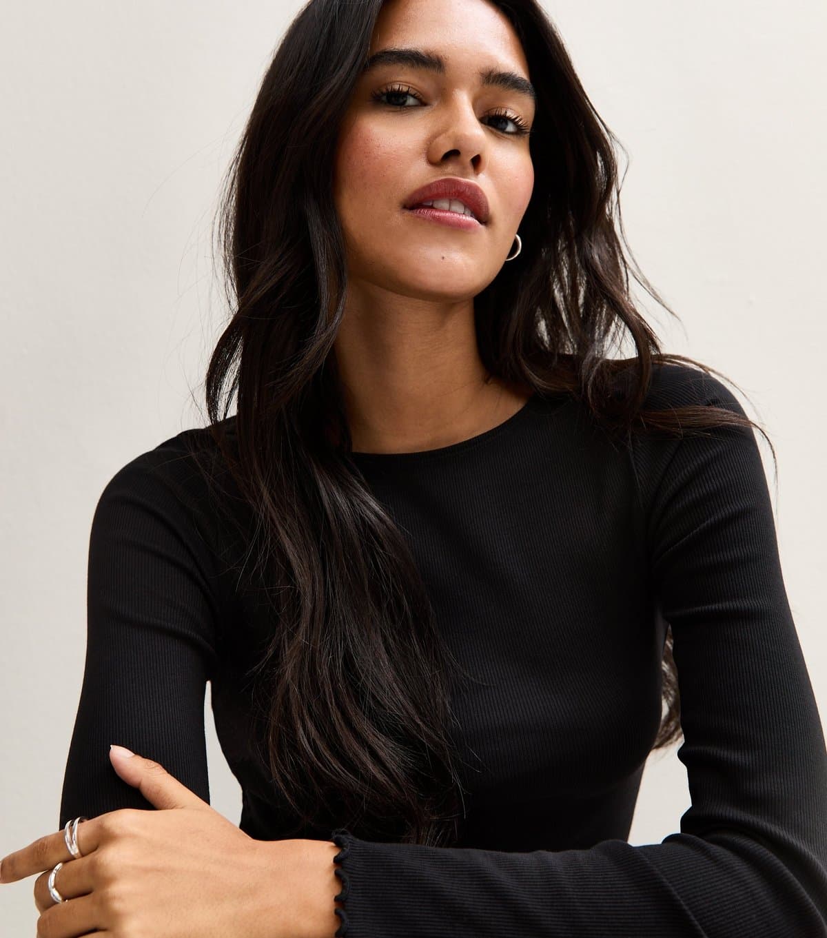 New Look Women's Black Ribbed Crew Neck Long Sleeve Top New Look