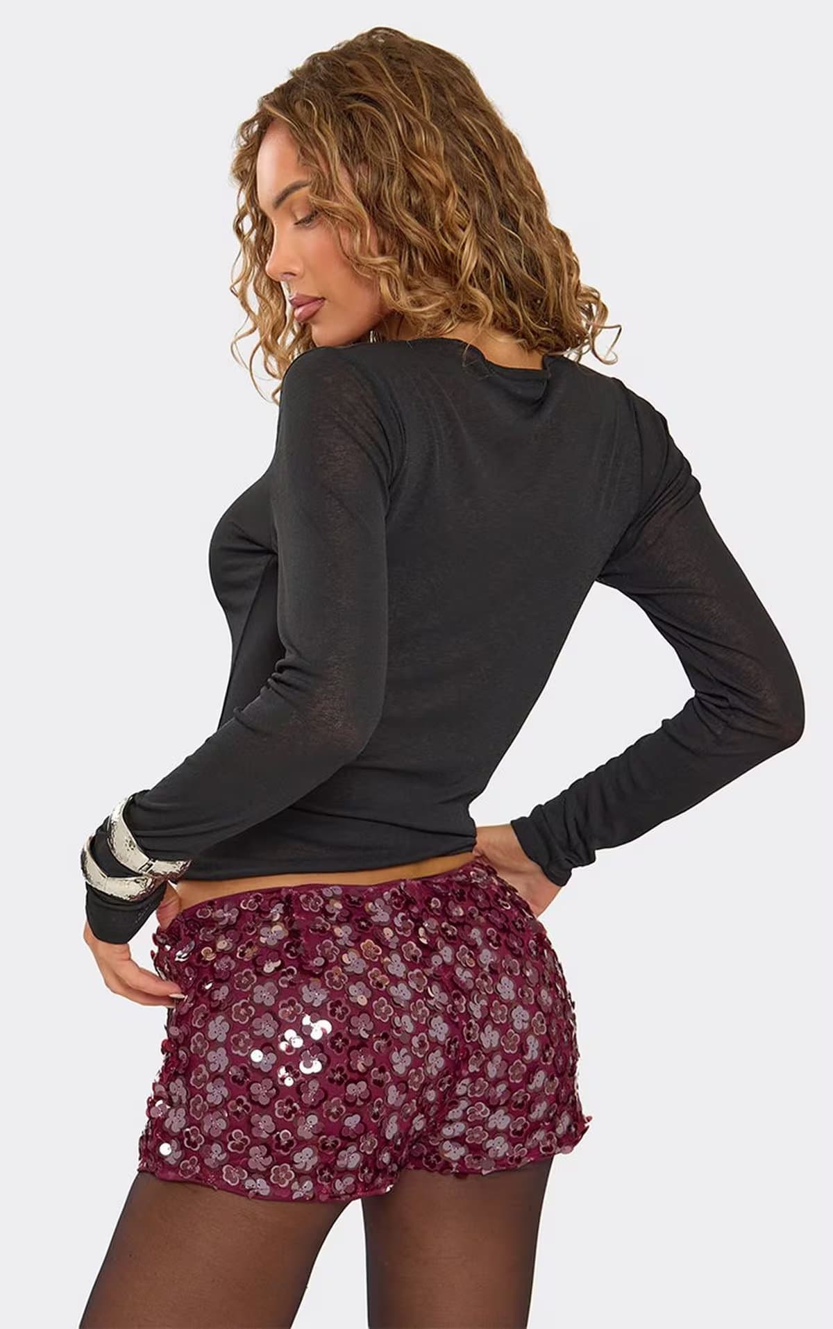 EGO Mid Rise Hot Pant Shorts In Burgundy Sequin, Women's Size UK 6