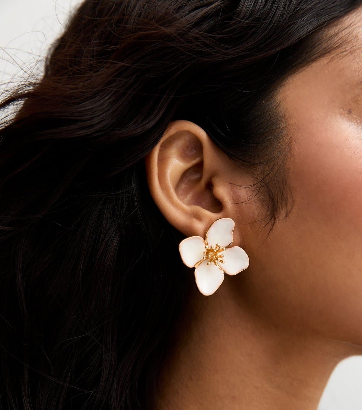 New Look Gold Tone Cream Enamel Flower Stud Earrings New Look