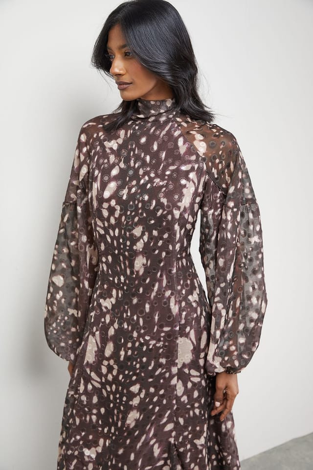 Warehouse Warehouse Women's Paisley Burnout Spot High Neck Godet Midi Dress in Floral - 2