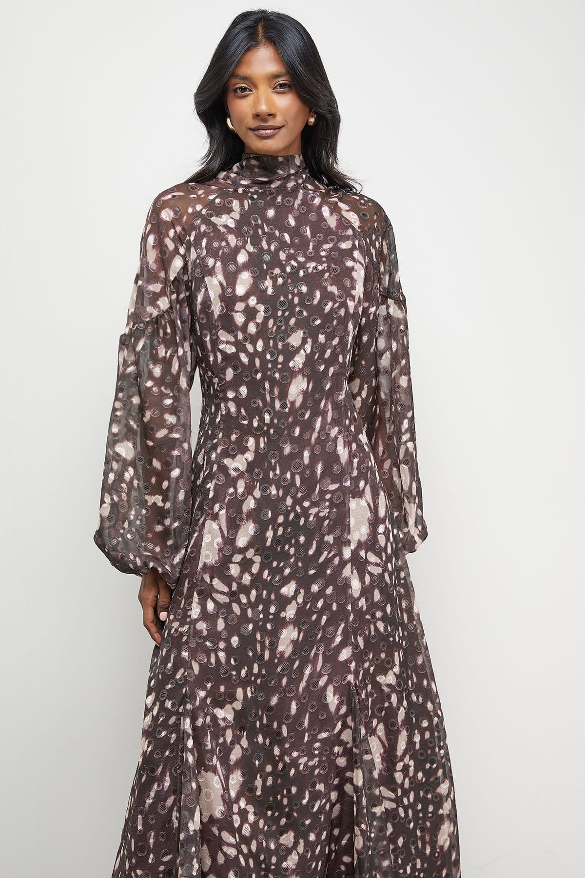 Warehouse Warehouse Women's Paisley Burnout Spot High Neck Godet Midi Dress in Floral - 4