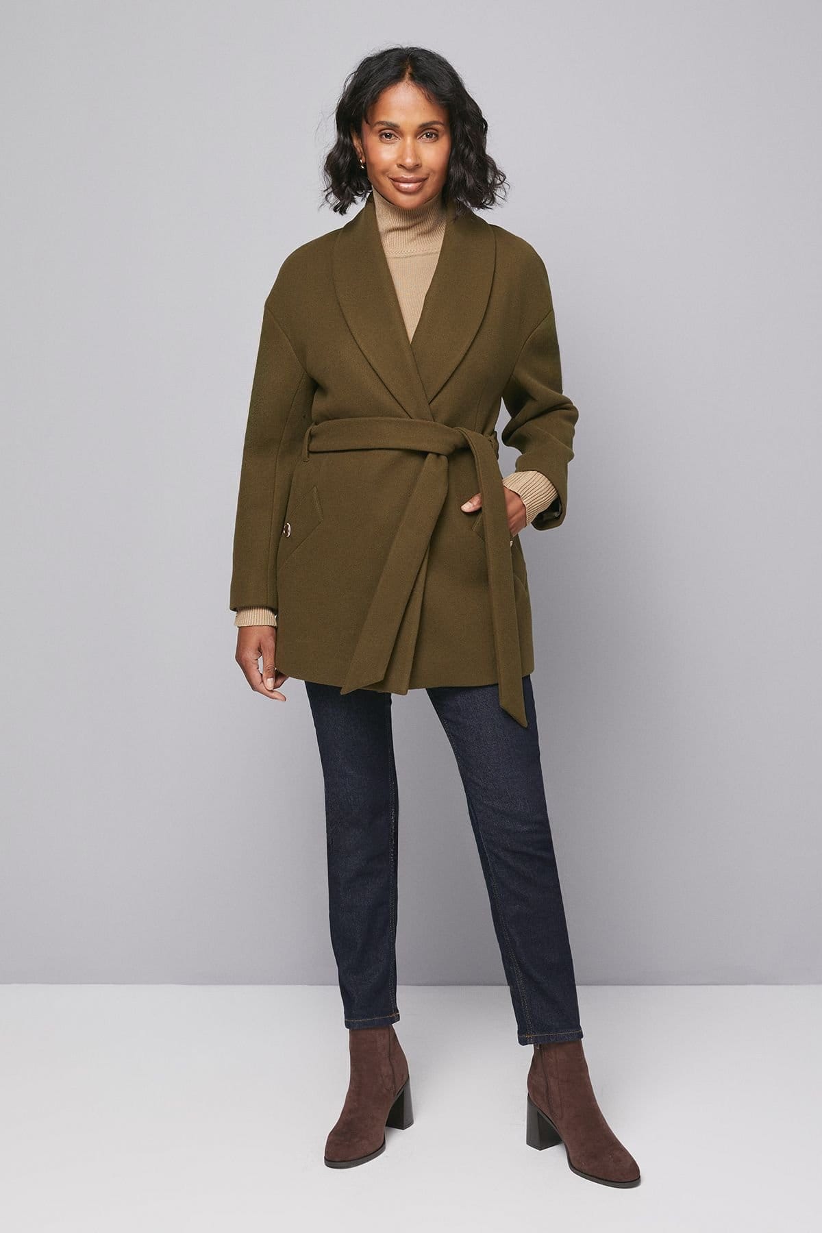 Wallis Olive Belted Shawl Collar Coat