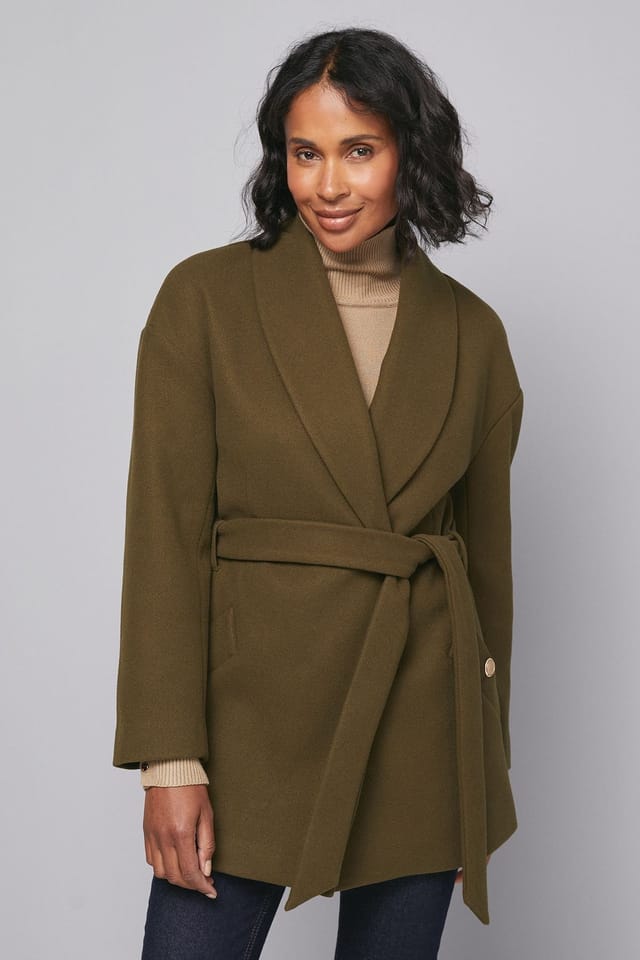 Wallis Wallis Women's Belted Shawl Collar Coat in Olive - 2