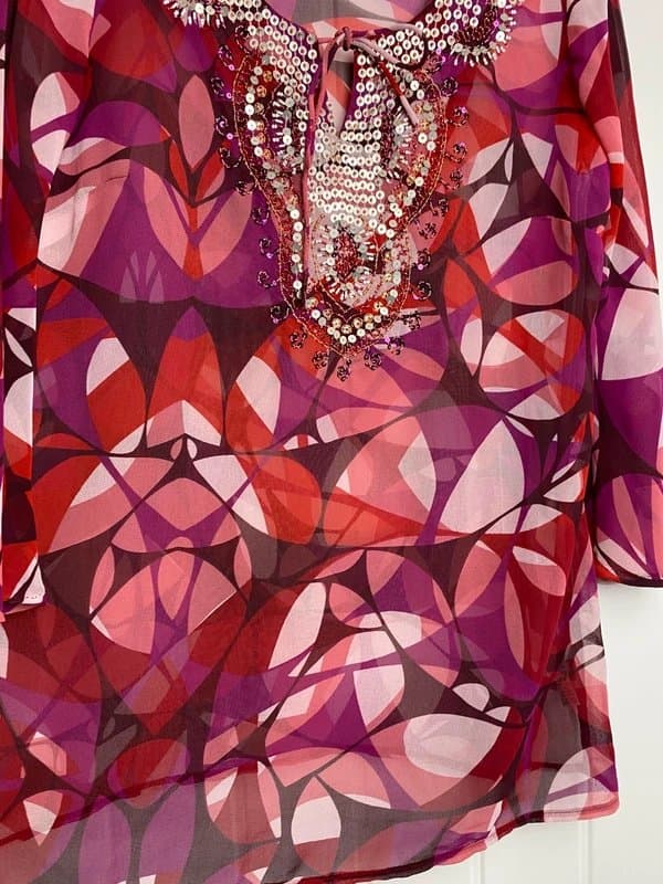 M&Co M&Co Boutique Pink Floaty Beaded Tunic Top Size 14 Boho Sheer Blouse Festival