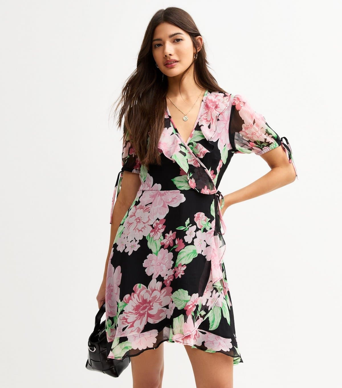 New Look Women's Black Chiffon Floral Print Mini Wrap Dress New Look