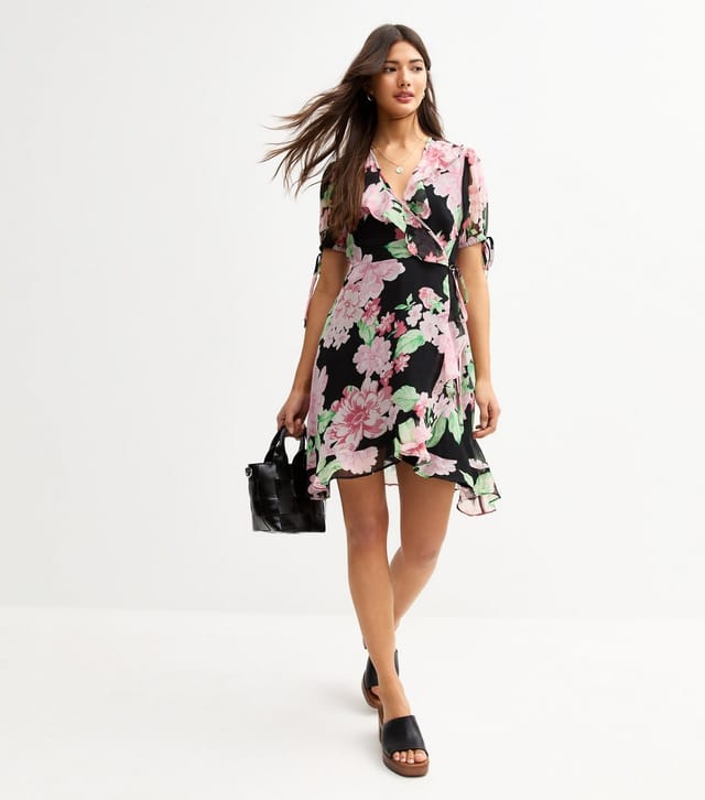 New Look Women's Black Chiffon Floral Print Mini Wrap Dress New Look - 3