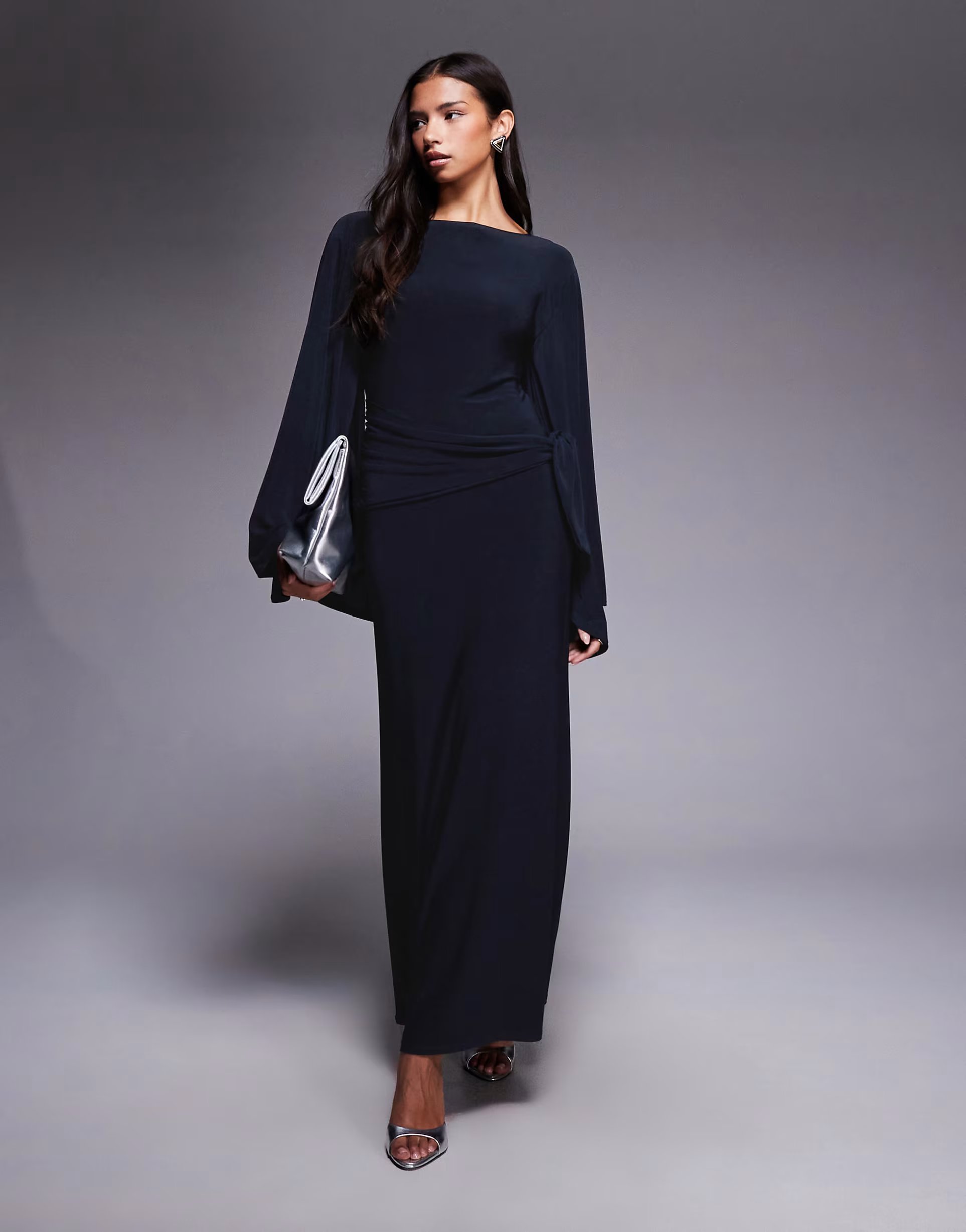 ASOS ASOS DESIGN exaggerated batwing cinched waist maxi dress in navy - 1