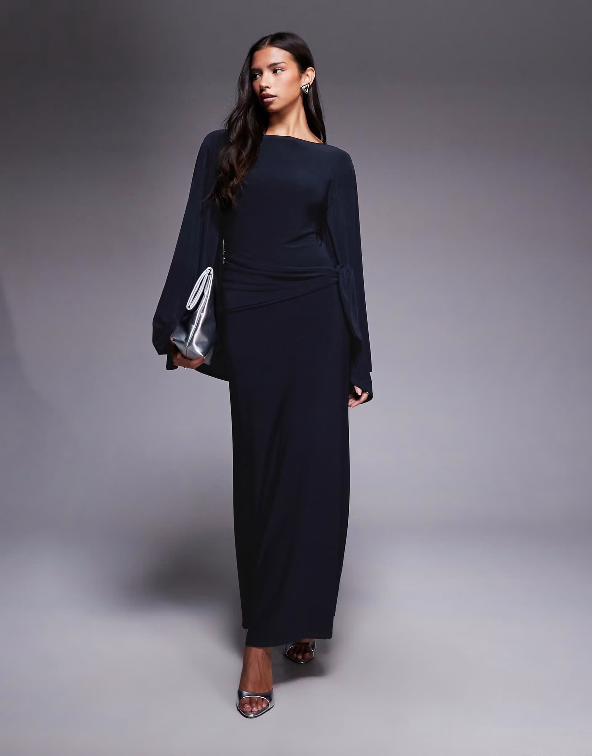 ASOS ASOS DESIGN exaggerated batwing cinched waist maxi dress in navy