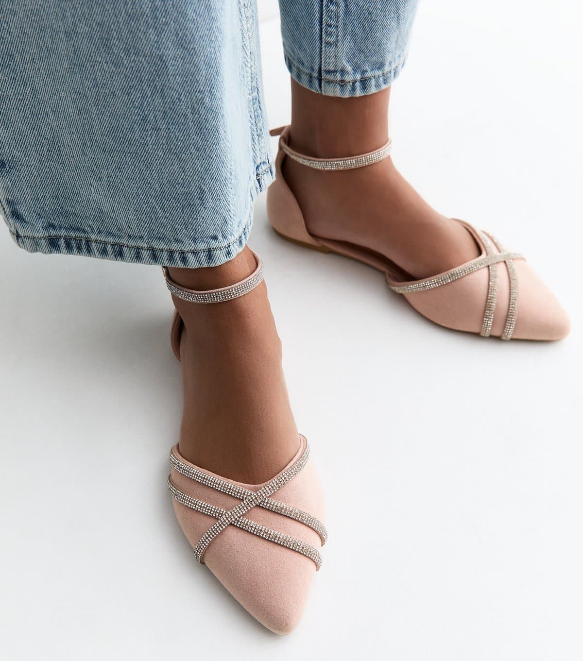 New Look Women's Wide Fit Light Pink Faux Suede Bling Ballerina Pumps Vegan New Look