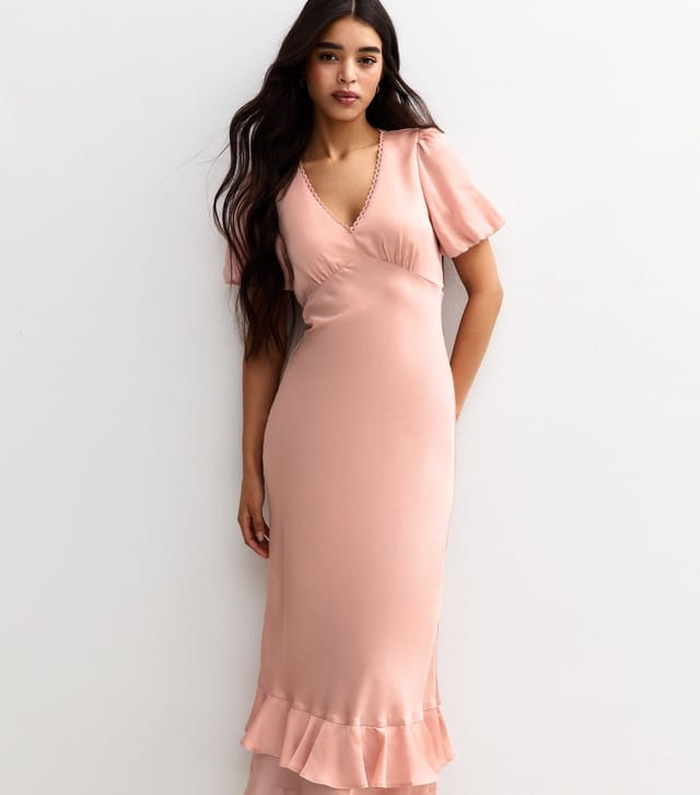 New Look Women's Light Pink Satin Puff Sleeve Ruffled Midi Dress New Look - 2