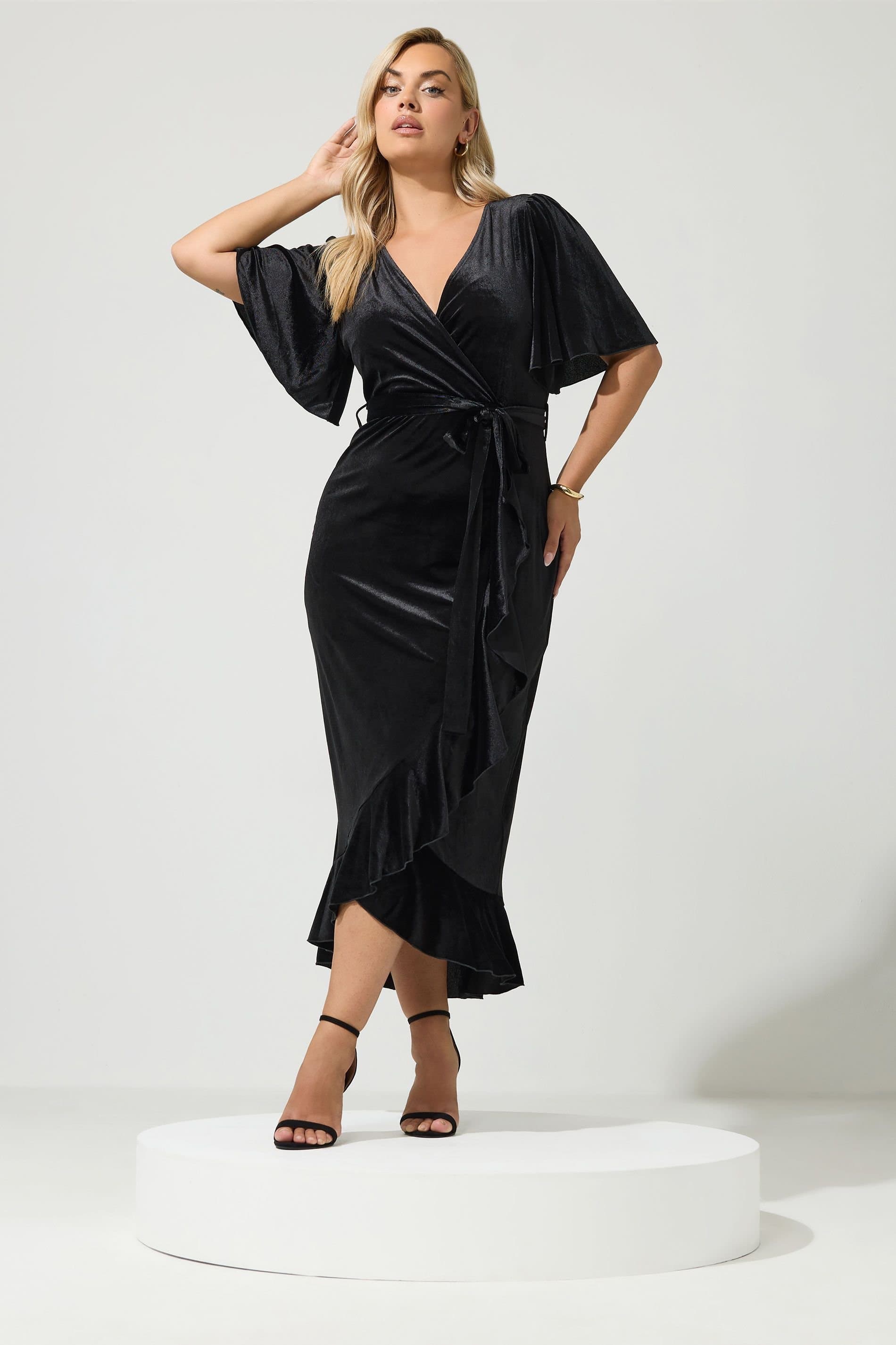 Yours Yours Women's Velvet Midi Wrap Dress in Black