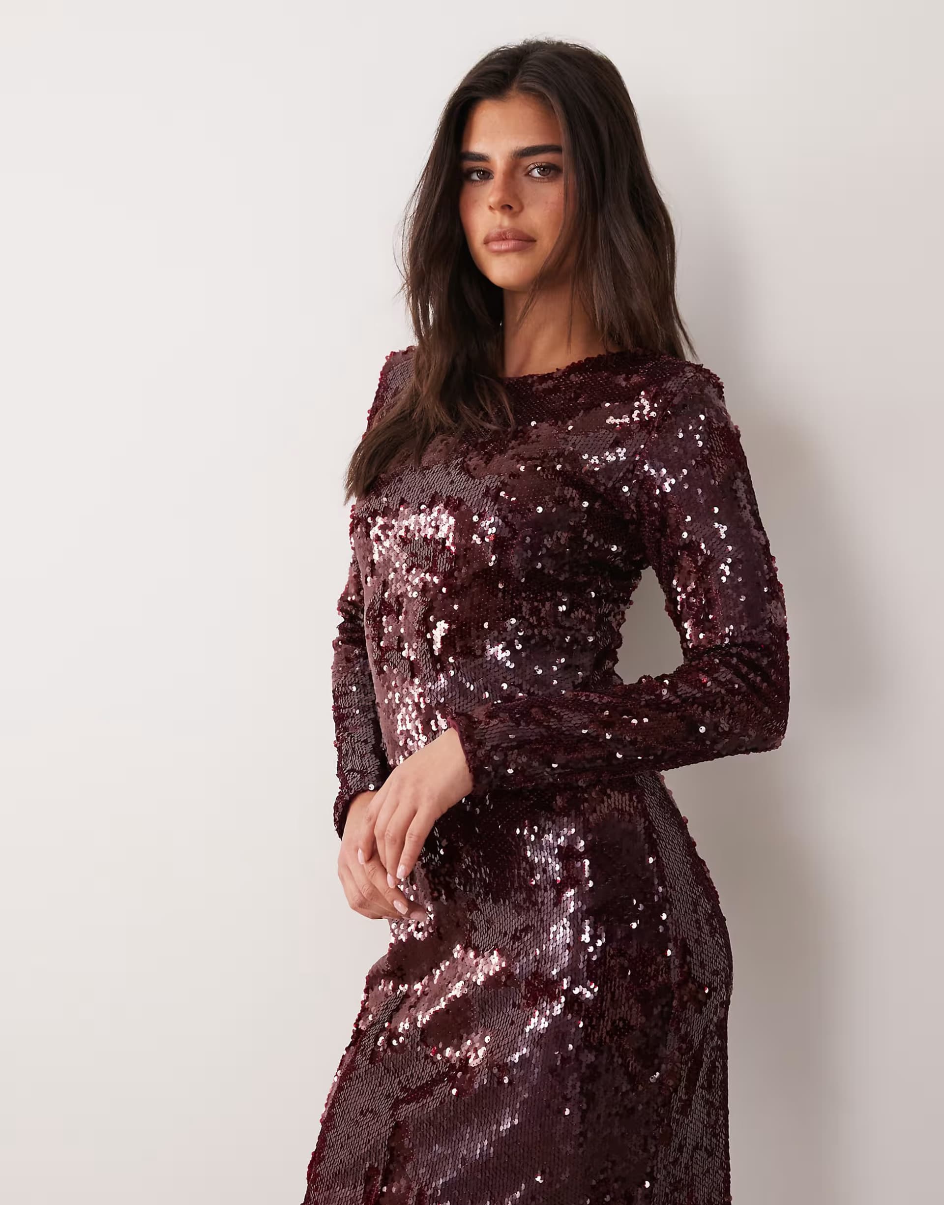 ASOS Vila long sleeve sequin midi dress in burgundy