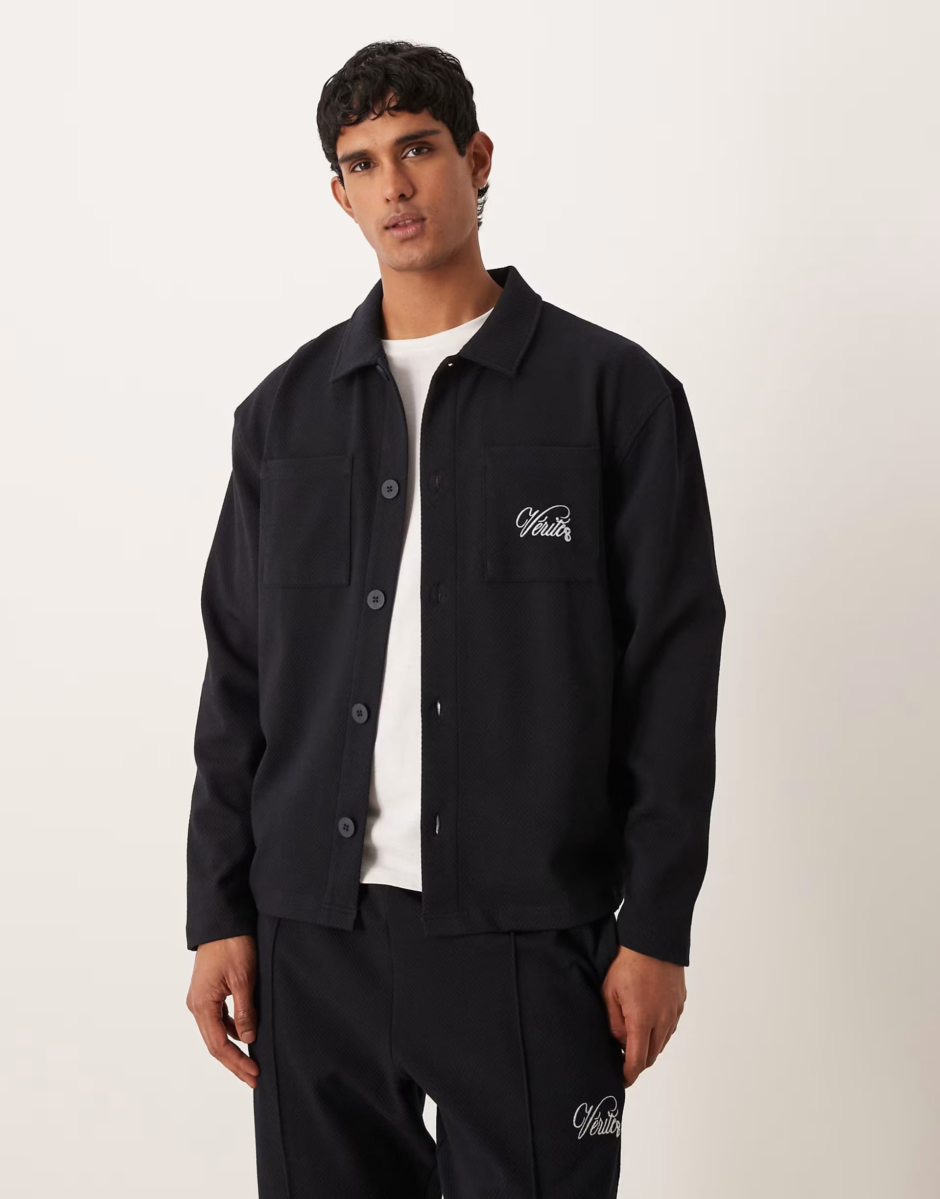 ASOS DESIGN Oversized Jacquard Shacket With Embroidery In Navy