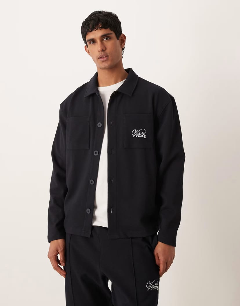 ASOS ASOS DESIGN oversized jacquard shacket with embroidery in navy - 1