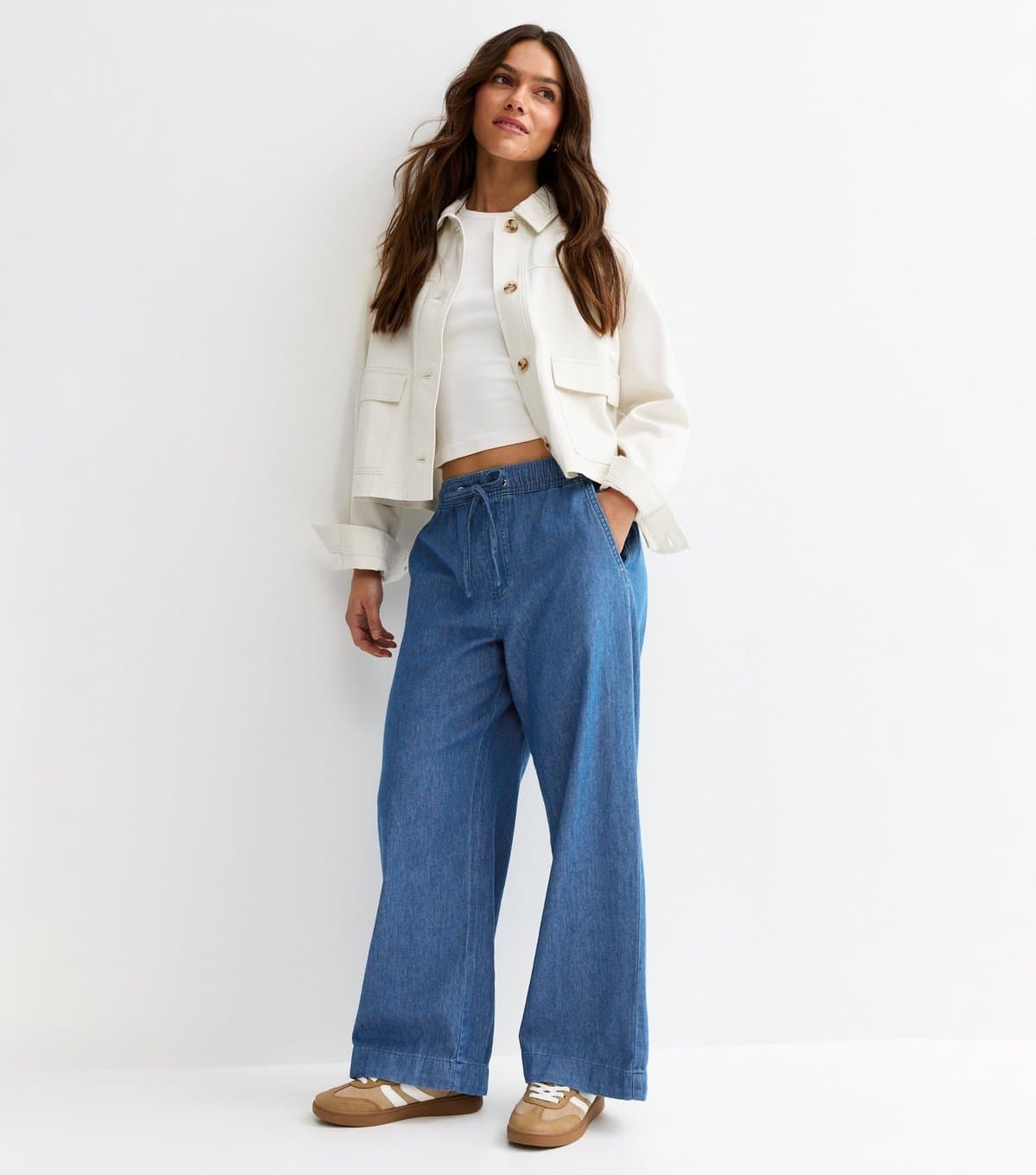 New Look Women's Petite Mid Blue Wash Chambray Denim Wide Leg Trousers New Look