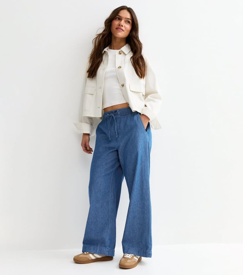 New Look Women's Petite Mid Blue Wash Chambray Denim Wide Leg Trousers New Look - 1