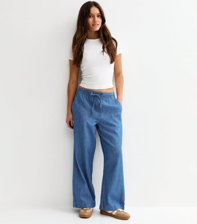 New Look Women's Petite Mid Blue Wash Chambray Denim Wide Leg Trousers New Look - 3
