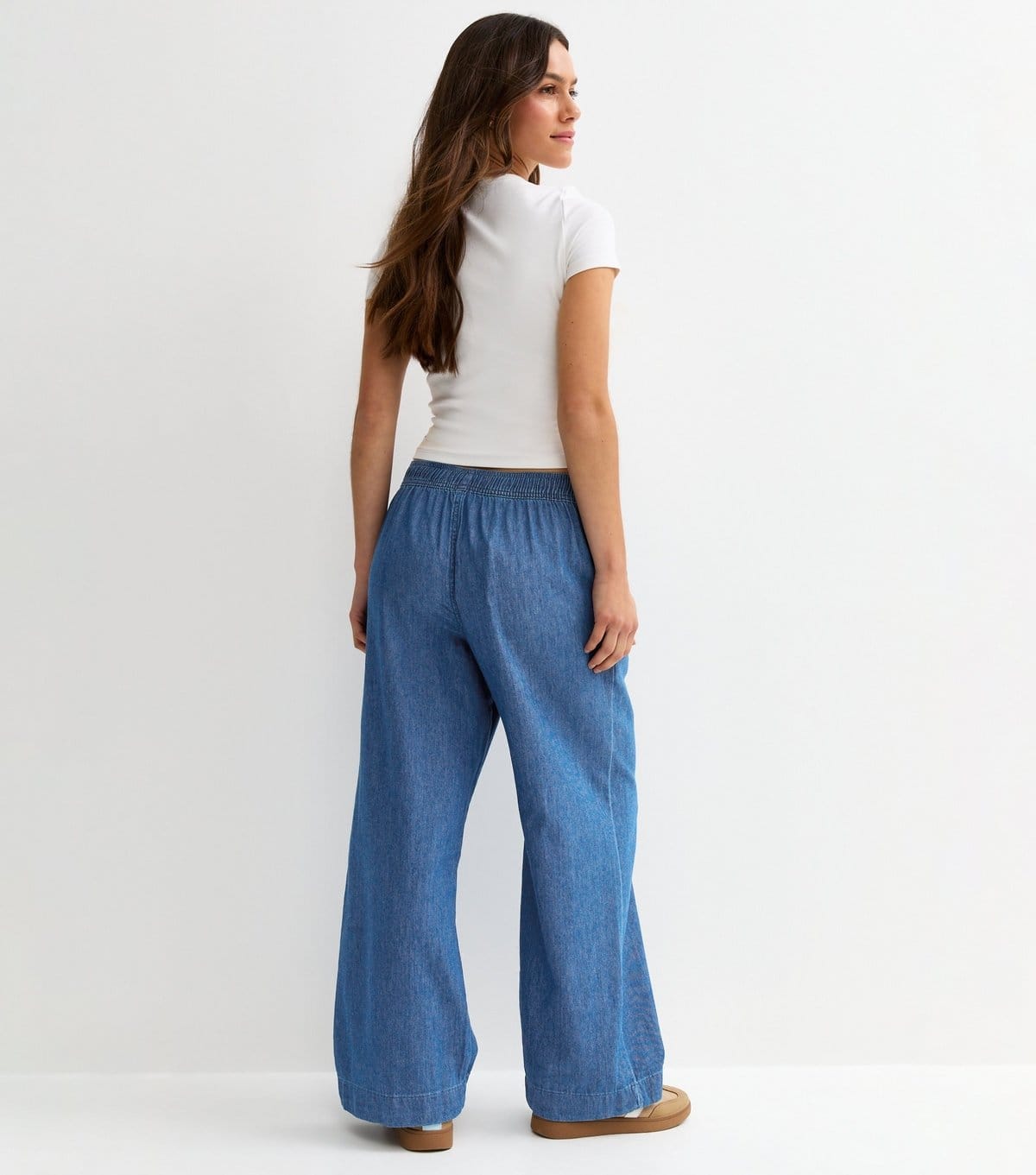 New Look Women's Petite Mid Blue Wash Chambray Denim Wide Leg Trousers New Look - 4