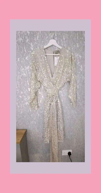 ASOS Asos design gold nude midi dress batwing sleeve wrap waist sequin uk 6 christmas going out date - 1