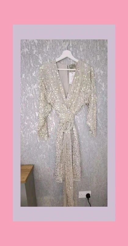 ASOS Asos design gold nude midi dress batwing sleeve wrap waist sequin uk 6 christmas going out date