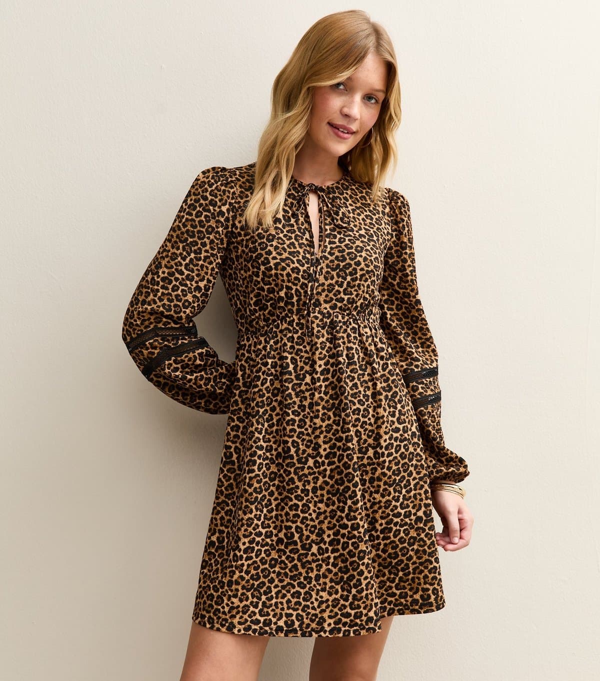 New Look Women's Brown Animal Print Tie Neck Mini Dress New Look