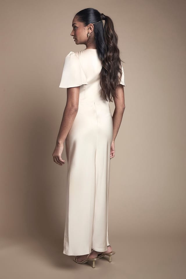 Oasis Oasis Women's Champagne Satin Twist Front Angel Sleeve Midi Bridesmaid Dress - 3