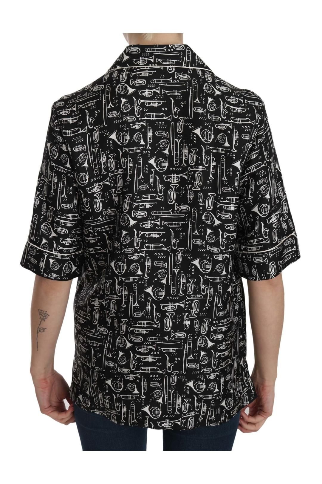 Dolce & Gabbana Dolce & Gabbana Women's Black Musical Instrument Print Silk Top - 2