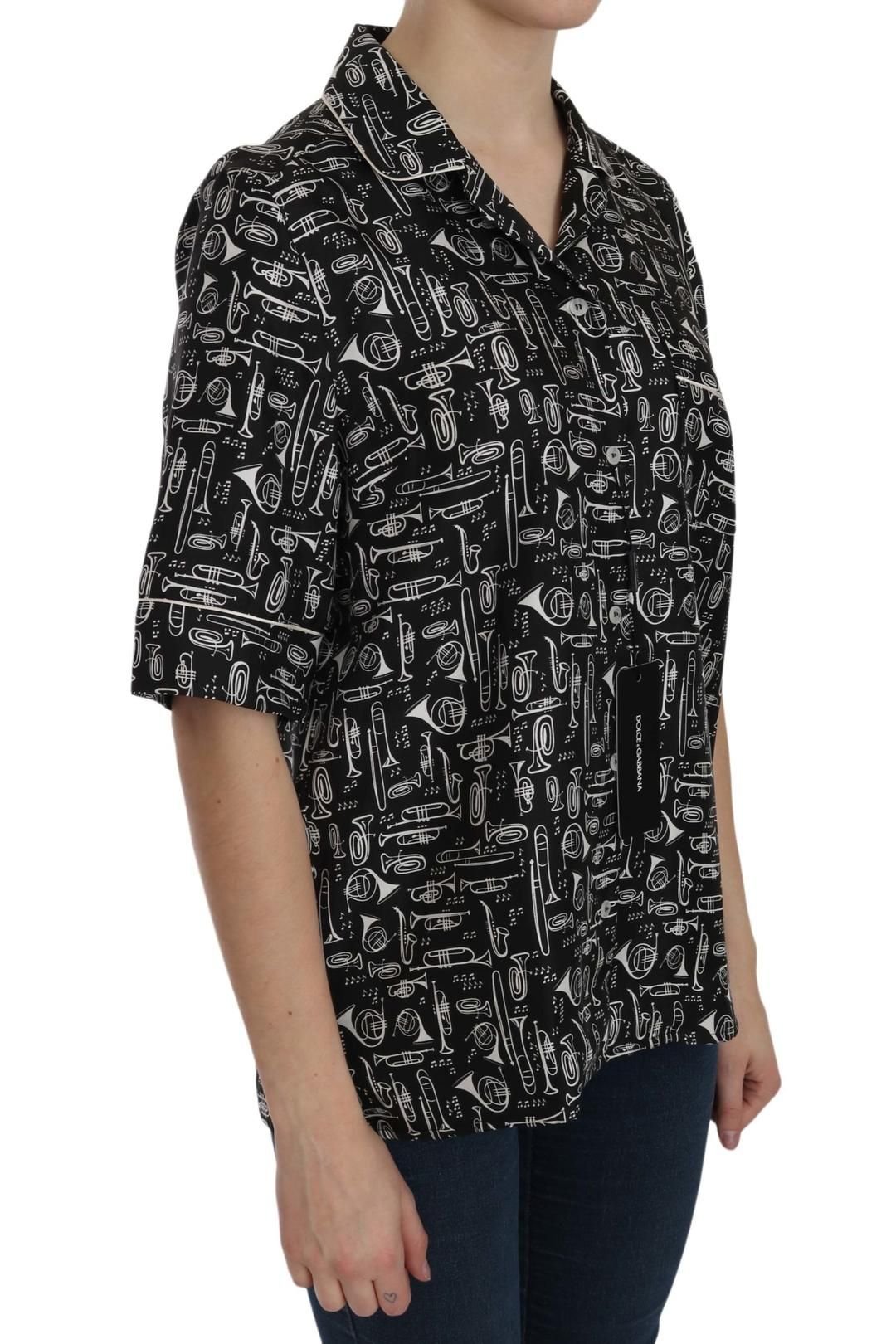 Dolce & Gabbana Dolce & Gabbana Women's Black Musical Instrument Print Silk Top - 3