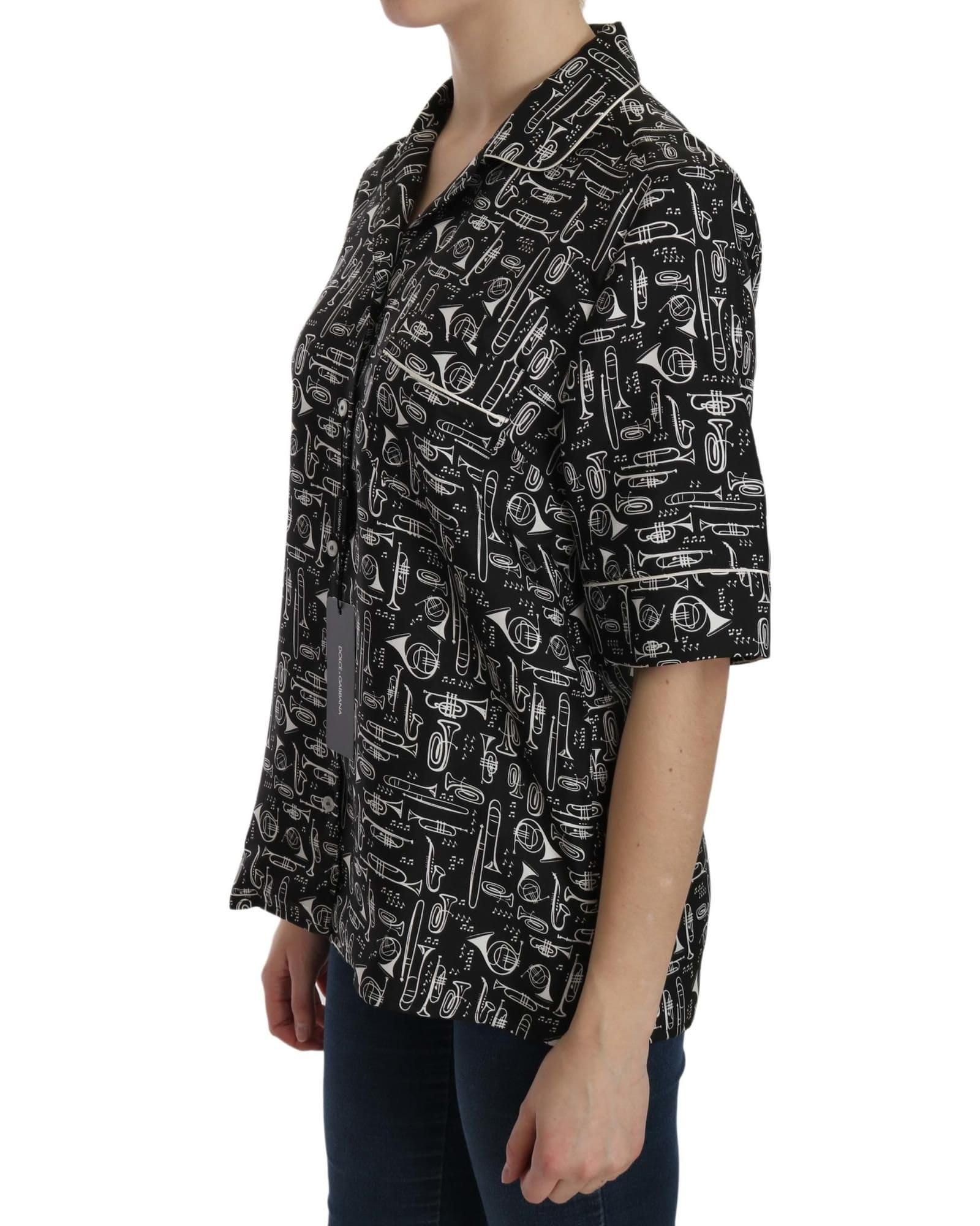 Dolce & Gabbana Dolce & Gabbana Women's Black Musical Instrument Print Silk Top - 4