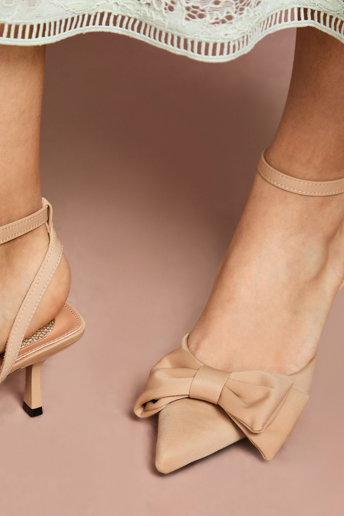 Coast Coast Women's Cristina Satin Bow Pointed Kitten Heel Court Shoes in Beige - 4